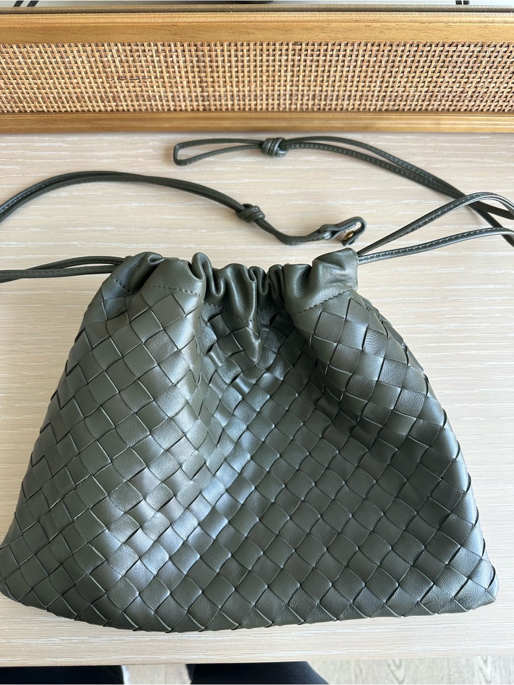 Leather Woven Drawstring Purse in Olive Green - Picture 4 of 6